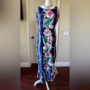 ROYAL CREATIONS Womens Hawaiian Dress Long Floral Aloha Slit Ruffles M Back Zip